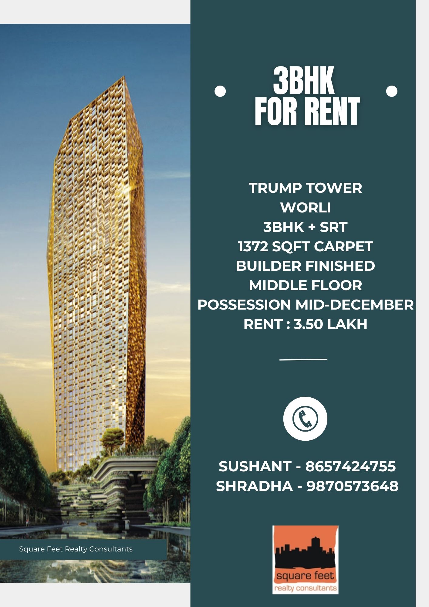 3BHK for Rent in Lodha Trump Tower @3.50 Lakhs